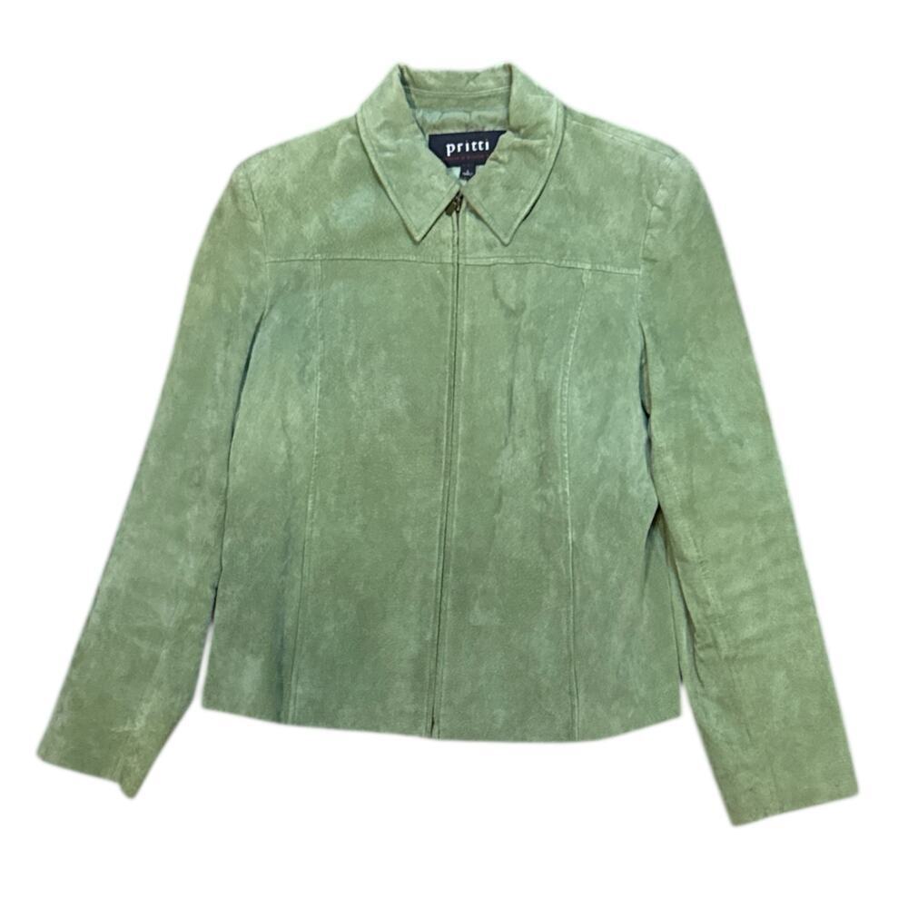 Pritti by Kristen Blake Green Suede Jacket Womens Full Zip Leather Size L